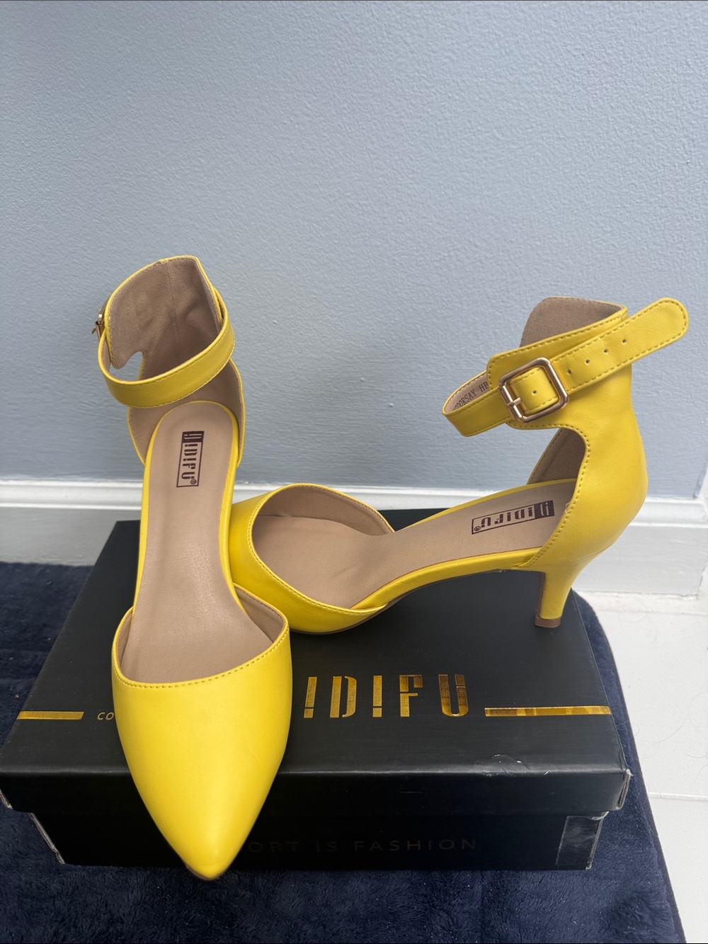 IDIFU Bright Yellow Ankle-Strap Pointed-Toe Heels